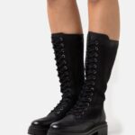 femmes bottes à lacets en cuir noir 006BT2224 Anna Field