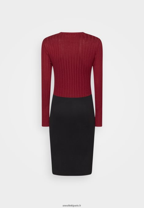 femmes crew ausschnitt ripp top bodycon mini srickkleid robe droite rouge foncé/noir 006BT217 Anna Field - Image 2