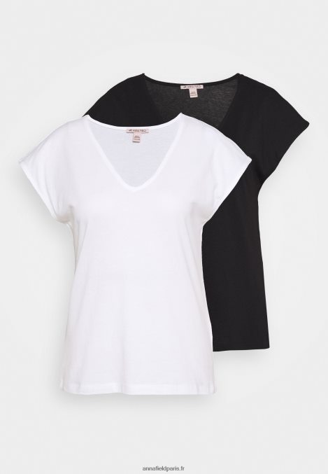 femmes Lot de 2 t-shirts basiques basiques à col en V et épaules tombantes noir/blanc 006BT261 Anna Field - Image 5