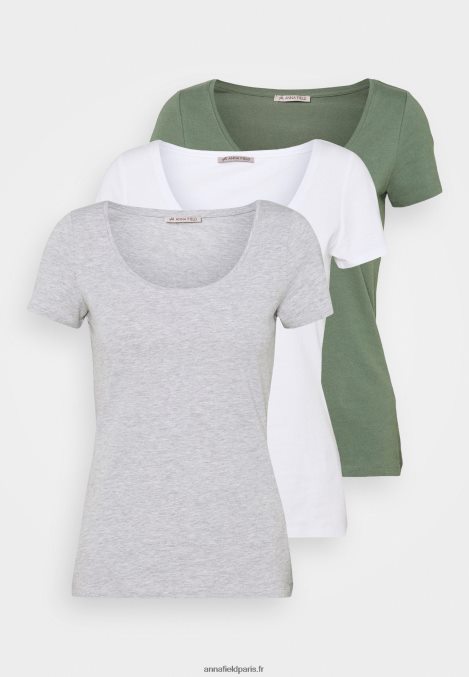 femmes Lot de 3 t-shirts basiques blanc/gris clair chiné/vert clair 006BT342 Anna Field - Image 7