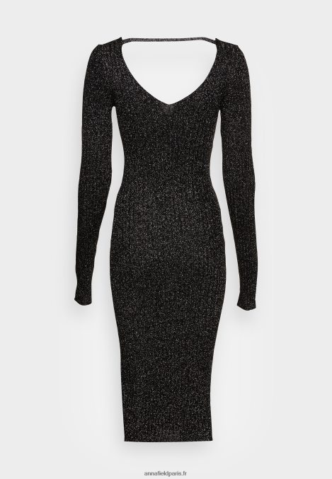femmes lurex v-ausschnitt robe droite midi srickkleid noir 006BT197 Anna Field - Image 2