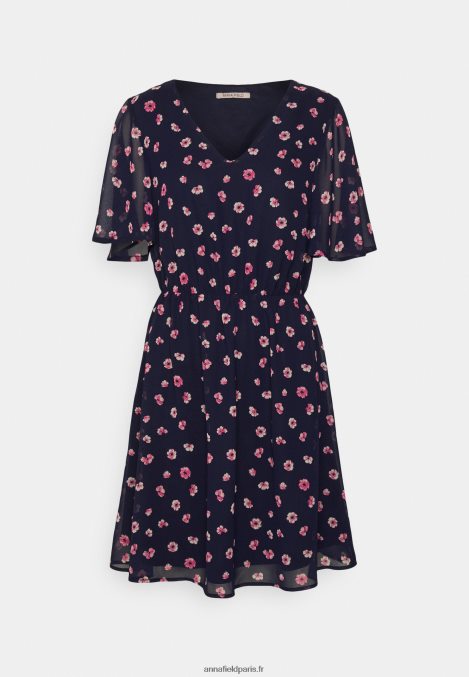 femmes robe à manches col en v robe de jour bleu foncé/rose 006BT23 Anna Field - Image 1
