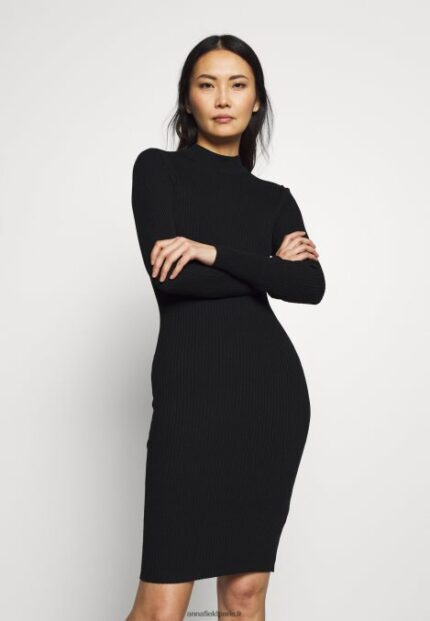 femmes crew ausschnitt bodycon ripp mini srickkleid robe droite noir 006BT204 Anna Field