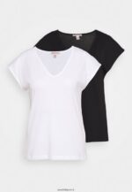 femmes Lot de 2 t-shirts basiques basiques à col en V et épaules tombantes noir/blanc 006BT261 Anna Field - Image 5