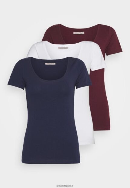 femmes Lot de 3 t-shirts basiques rouge foncé/bleu foncé/blanc 006BT330 Anna Field