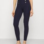 femmes punto leggings avec bouton détail leggings pantalon bleu foncé 006BT654 Anna Field